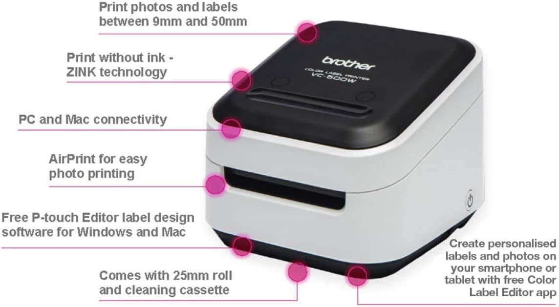Brother VC-500W Versatile Compact Color Label and Photo Printer with Wireless Networking, White, 3.8