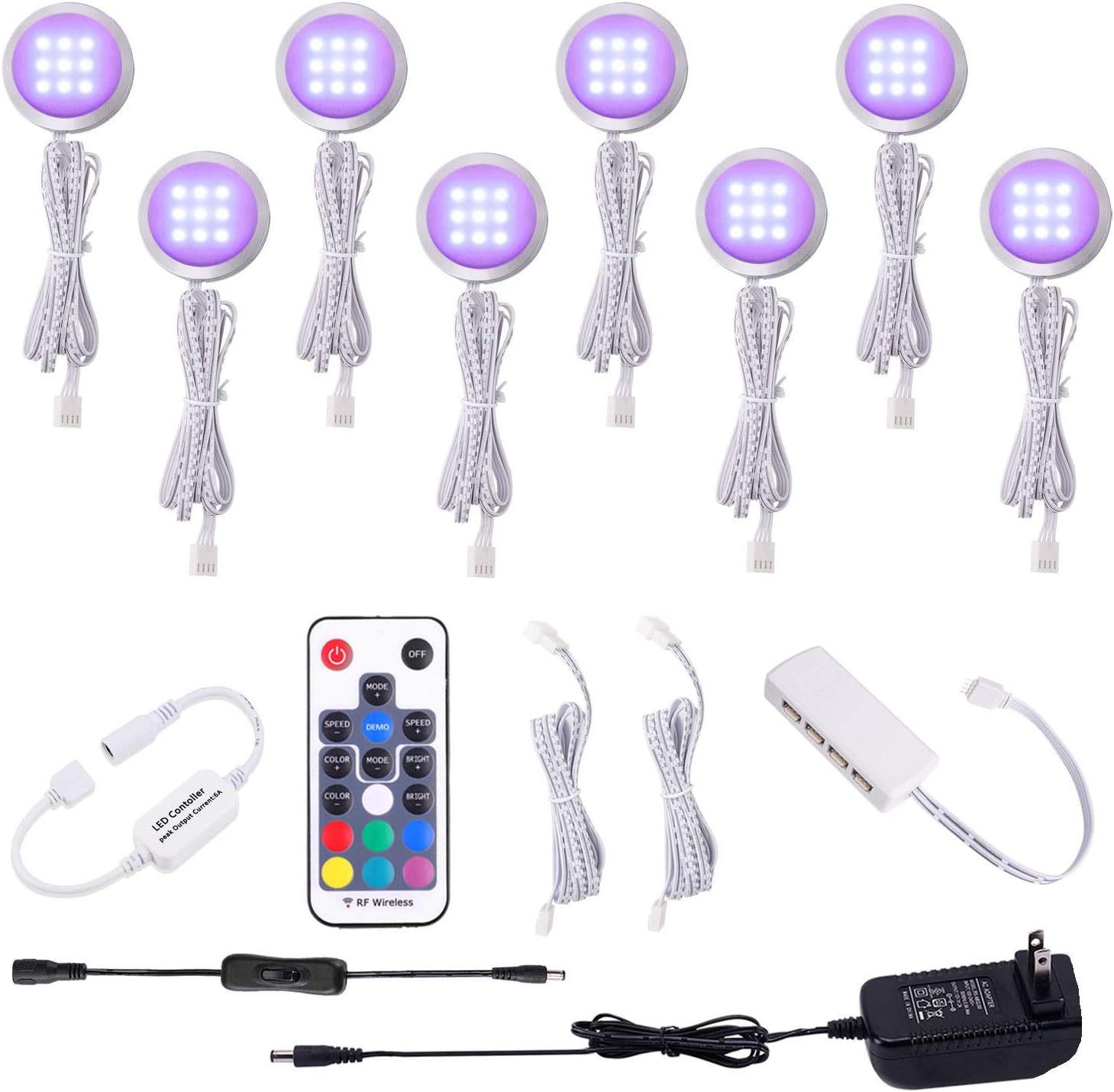 AIBOO RGB Color Changing LED Under Cabinet Lights Kit 8 Packs of Aluminum Slim Puck Lights for Xmas Decorating Kitchen Counter Shelf Furniture Ambiance Lighting Pack of 2