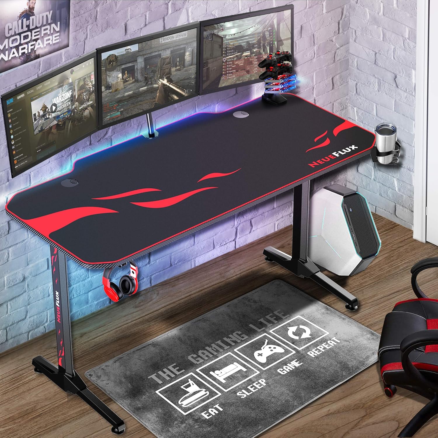 NeueFlux Gaming Desk 55 Inch Racing Style, T-Shaped Computer Desk with Full Desk Pad, Large Ergonomic Gaming Table Gamer Desk Workstation with USB Gaming Handle Rack, Cup Holder & Headphone Hook