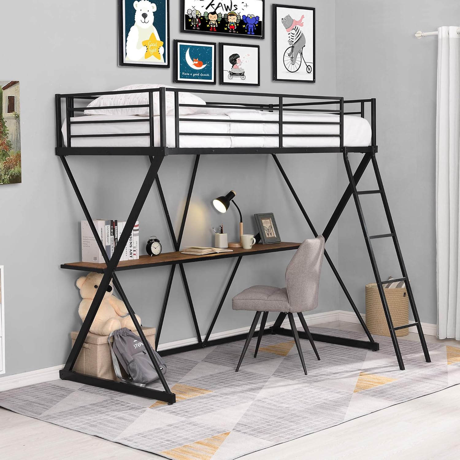 P PURLOVE Twin Loft Bed with Desk Steel Loft Bed with Ladder, Full-Length Guardrails, X-Shaped Frame for Boys, Girls, Teens, Black+Brown Desk