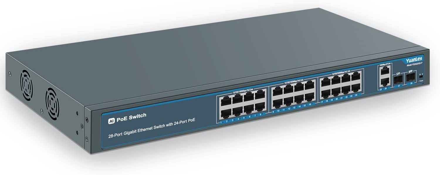 YuanLey 11 Port Gigabit PoE Switch, 8 PoE+ Port 1000Mbps, 2 Gigabit Uplink, 1 SFP Port, 120W 802.3af/at, Metal, Qos, Unmanaged Plug and Play AI Smart Detection Ethernet Switch Pack of 2