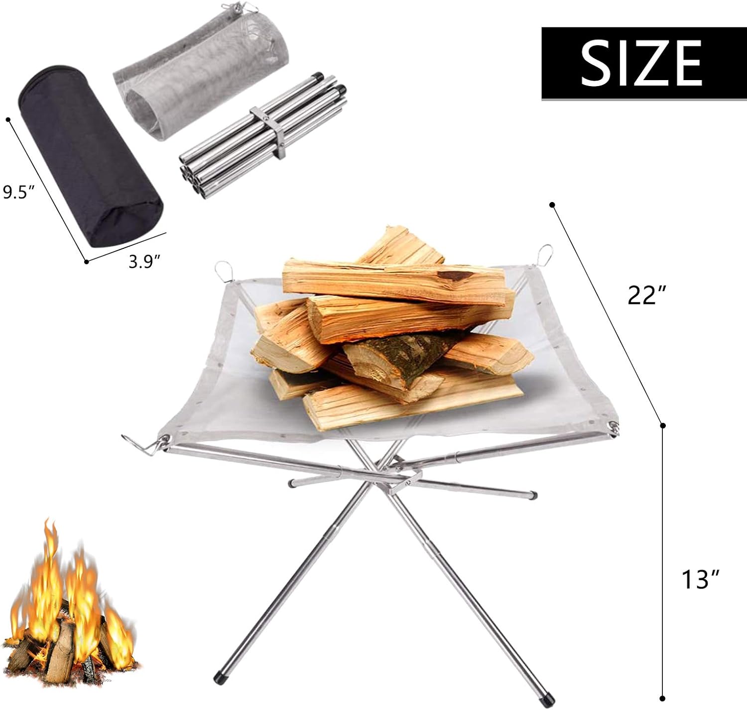 Bavnnro Portable Fire Pit ,Collapsing Steel Mesh Fireplace, Outdoor Campfire Pit Foldable Fire Pit for Camping Backyard Beach and Wood Burning - Carrying Bag Included (22 Inch)