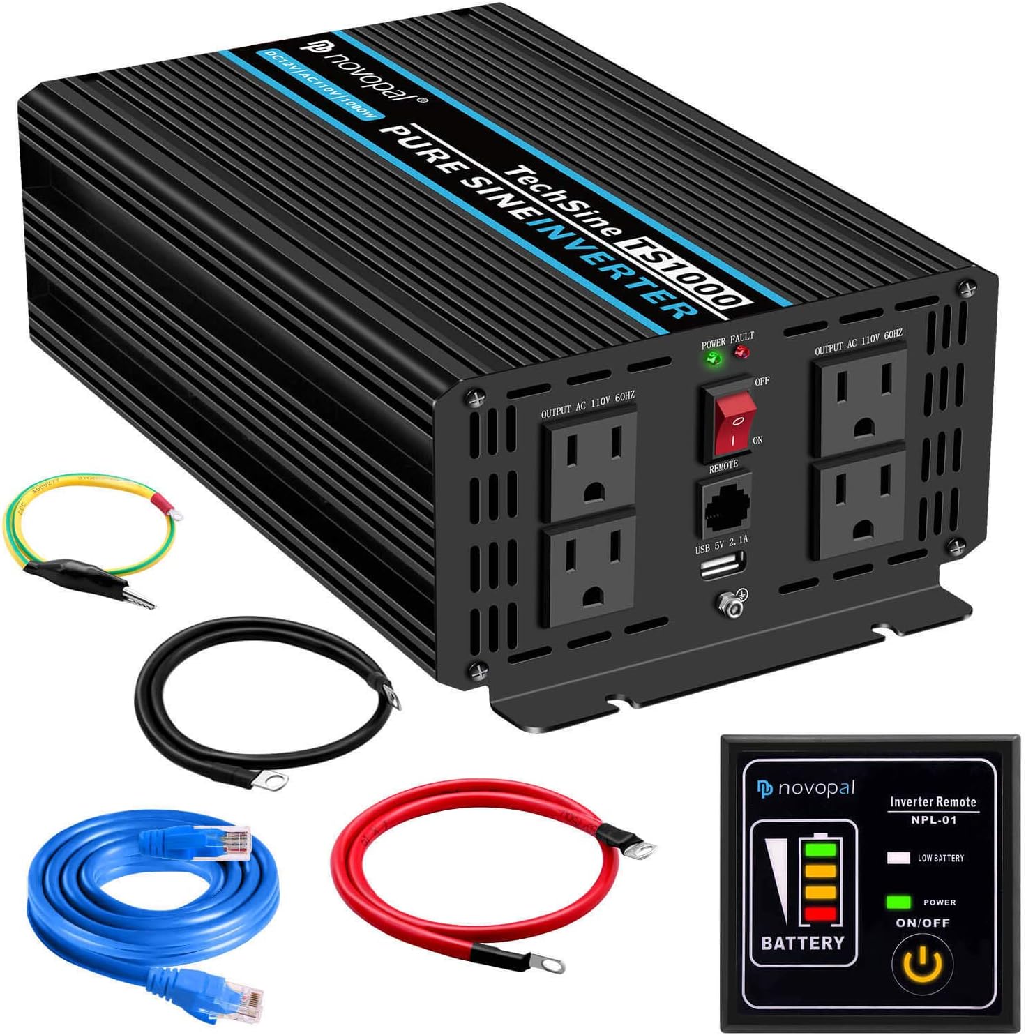 Novopal Pure Sine Wave Power Inverter 1000 Watt 12V DC to 110V/120V AC Converter 4 AC Outlets Car Inverter with One USB Port 16.4 Feet Remote Control and Two Cooling Fans（5th Generation Upgrade）