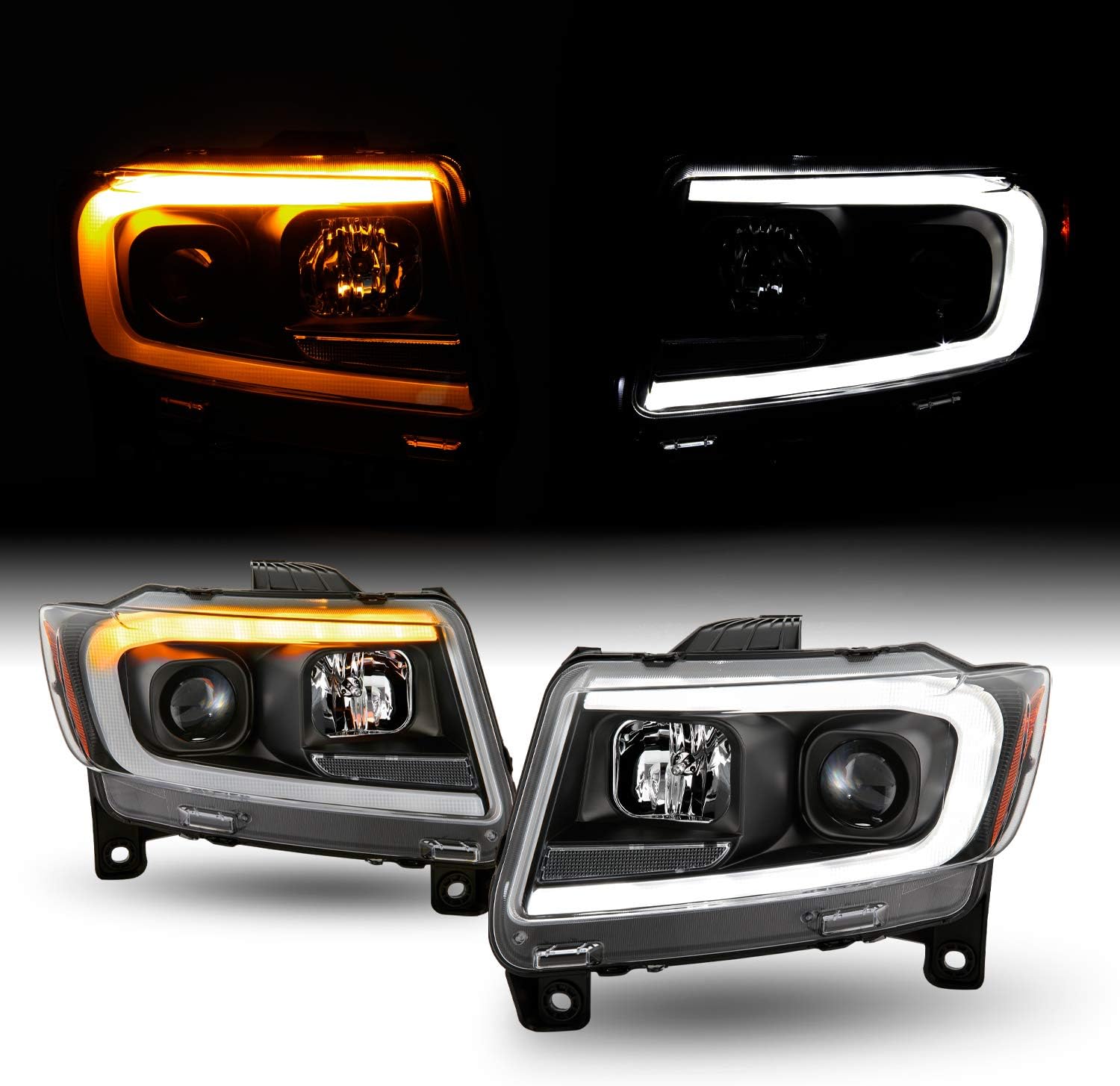 AKKON - Fits 2011 2012 2013 Jeep Grand Cherokee [C Tube Bar] Sequential Turn Signal Projector Black Headlights Pair Left + Right