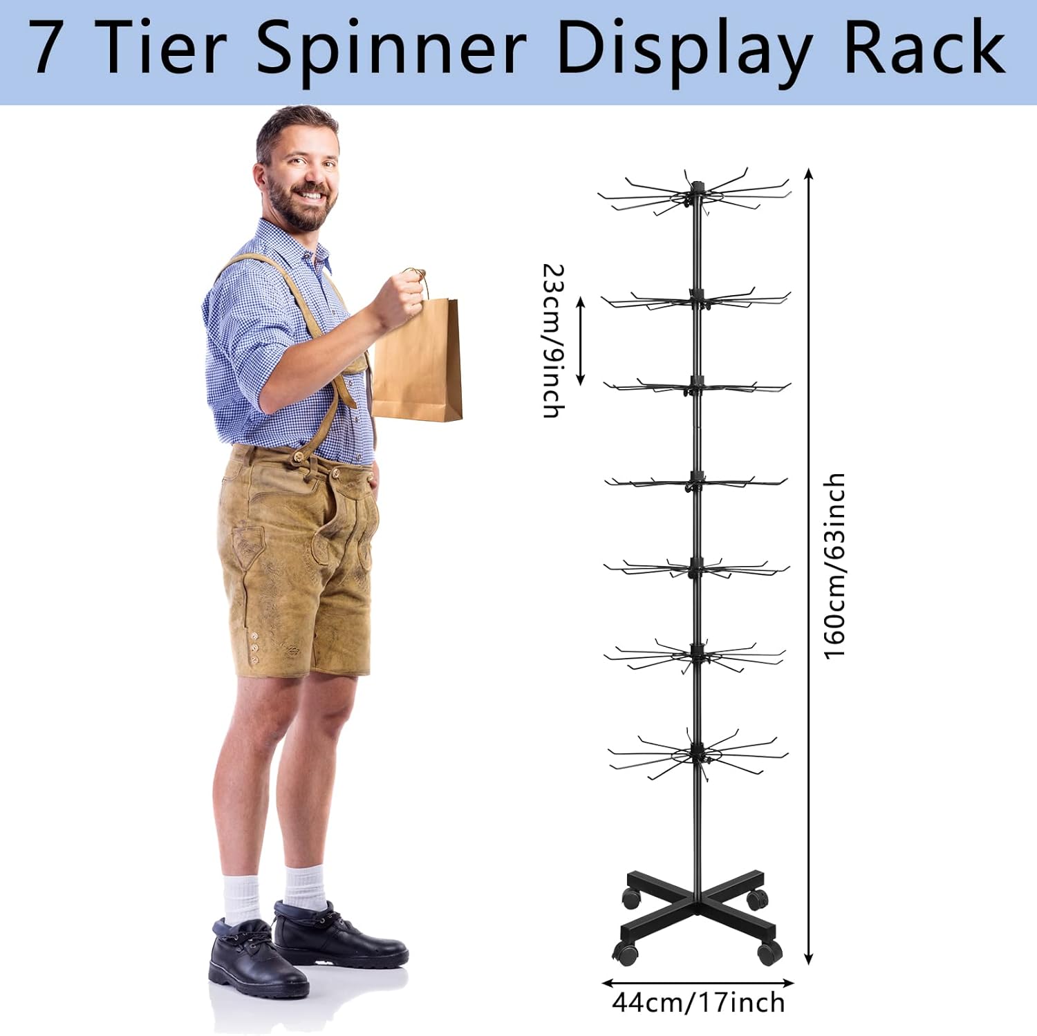 Retail Display Stand 7 Tier Spinner Display Rack Hats Jewelry Keychain Craft Show Rack with Hooks for Malls, Showroom, Retail Store