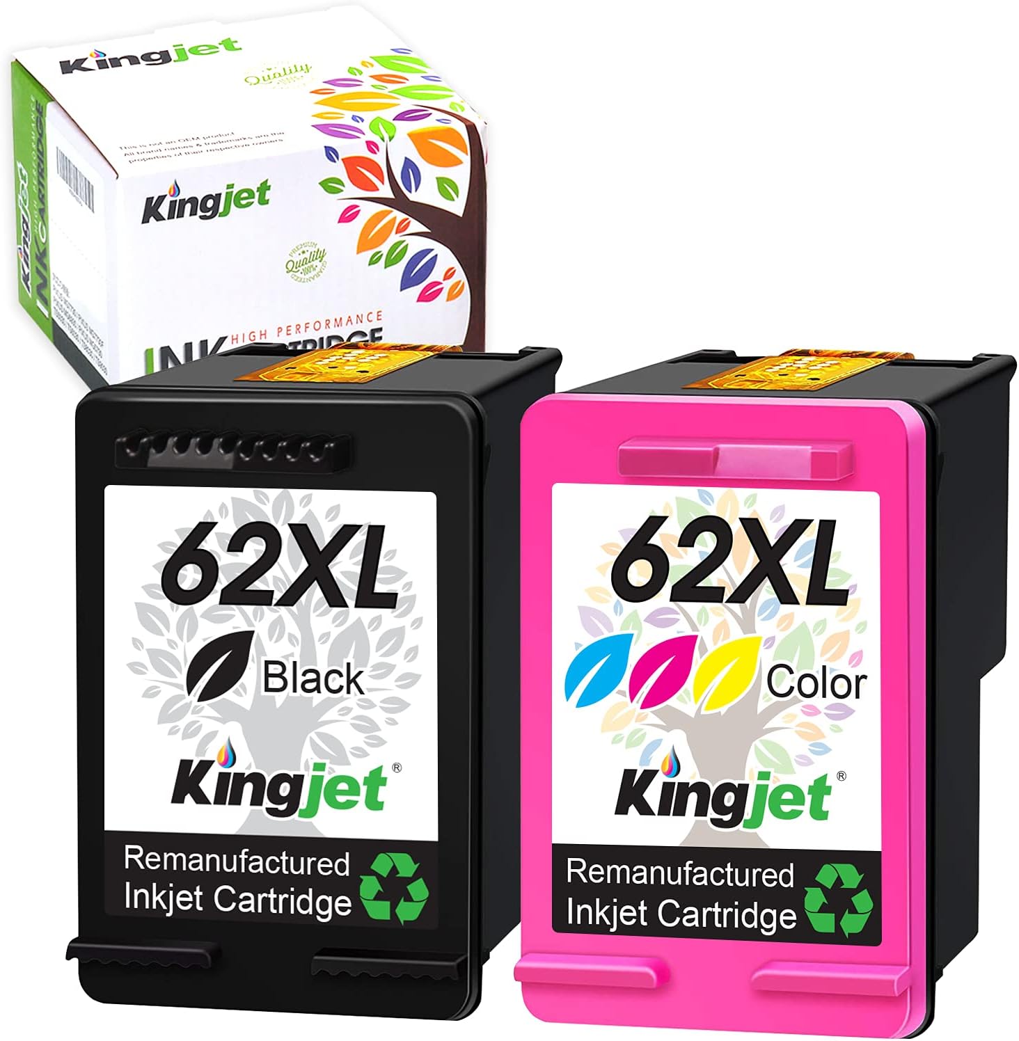 Kingjet Remanufactured Ink Cartridge 62 Replacement for HP 62XL 62 XL for Envy 7640 5660 5540 5640 5642 7645 5644 5549 Officejet 5740 5741 5780 OfficeJet 200 250 Printers, 2 Pack (1 Black, 1 Color) Pack of 2