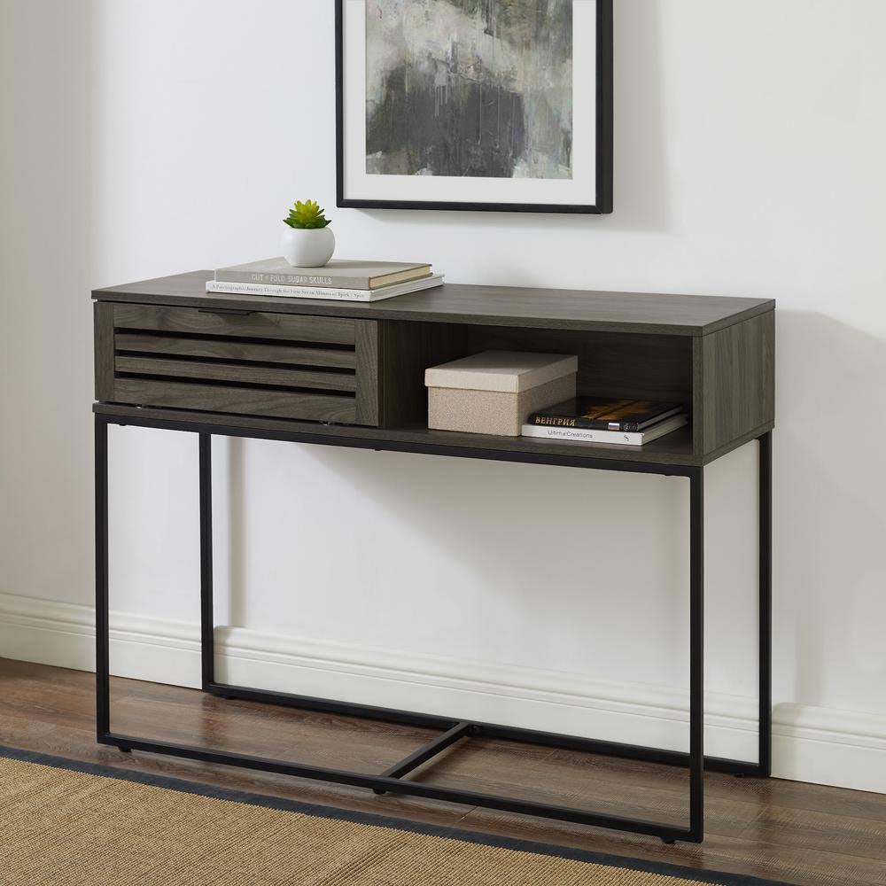 Welwick Designs 42 in. Slate Gray/Black Standard Rectangle Composite Console Table with Storage
