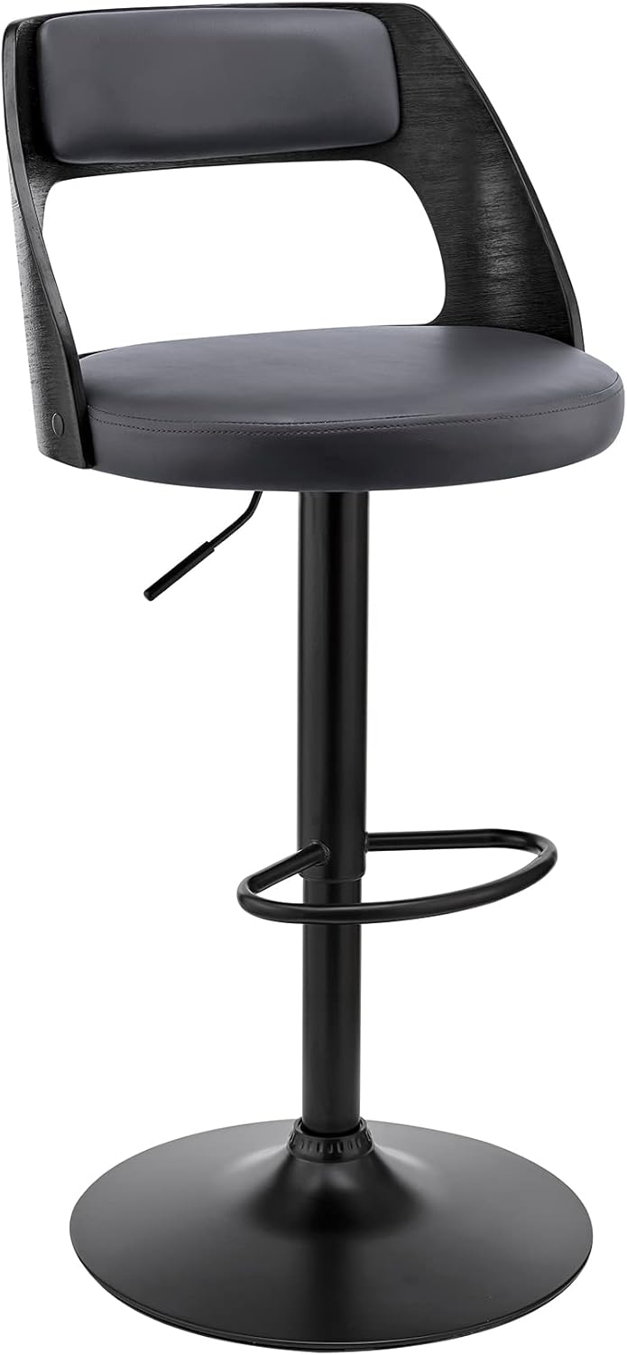 Paulo Adjustable Swivel Grey Faux Leather and Black Wood Bar Stool with Black Base