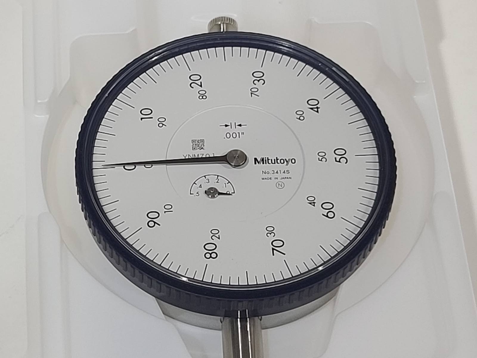 Mitutoyo 3414S Dial Indicator, #4-48 UNF Thread, 0.375x22 Stem Dia., Lug BACK, White Dial, 0-100 Reading, 3.071x22 Dial Dia., 0-