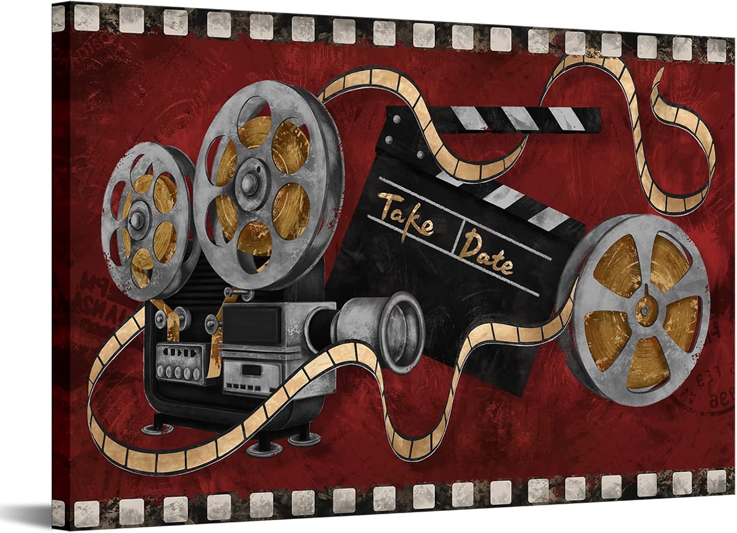 FuShvre Large Movie Wall Art Decor Movie Projector Film Reels Canvas Painting Black and Red Old Fashion Artwork for Bar Pub Home Movie Theater Media Room Ready to Hang