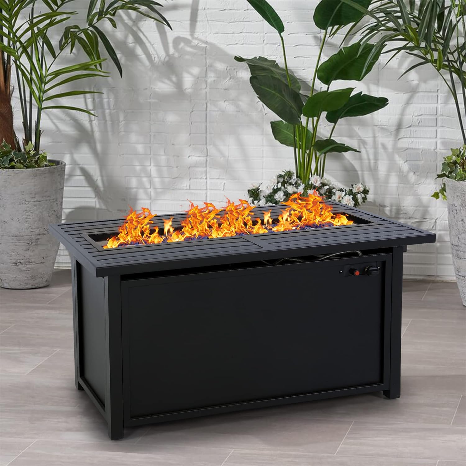 PHI VILLA Gas Fire Pit Table, 45 Inch Large Long Rectangular Outdoor Patio Propane 50000 BTU Fire Table with Lid and Blue Fire Glass, Black