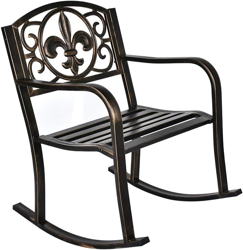 Diaotec GIODIR Outdoor Patio Rocking Chair, Metal Rocking seat for for Deck, Backyard or Garden w/Scroll Design (Bronze)