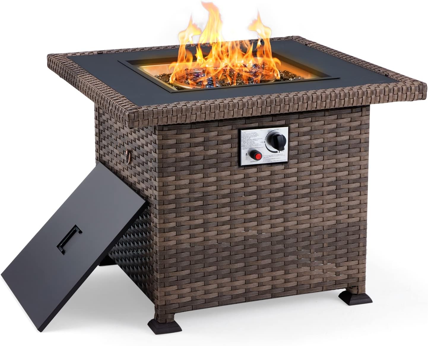 LIFETEN 32'' Propane Fire Pit Table, 50000 BTU Square Gas Fire Pit, CSA Certified Wicker Fire Pit Table with Fire Pit Cover, Aluminum Tabletop and Glass Rocks, Ideal for Backyard, Balcony, Linen