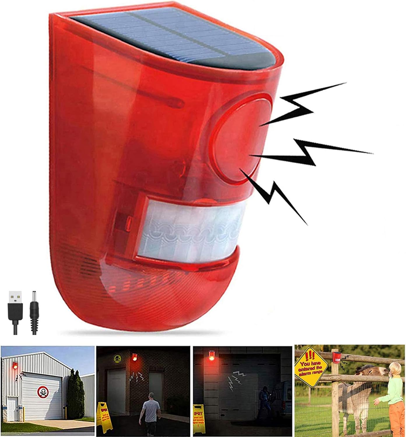 Solar Sound & Light Alarm Motion Sensor 110 Decibels Siren Sound Alert & 6LEDs Flash Warning Strobe Security Alarm System for Farm Villa Pack of 2