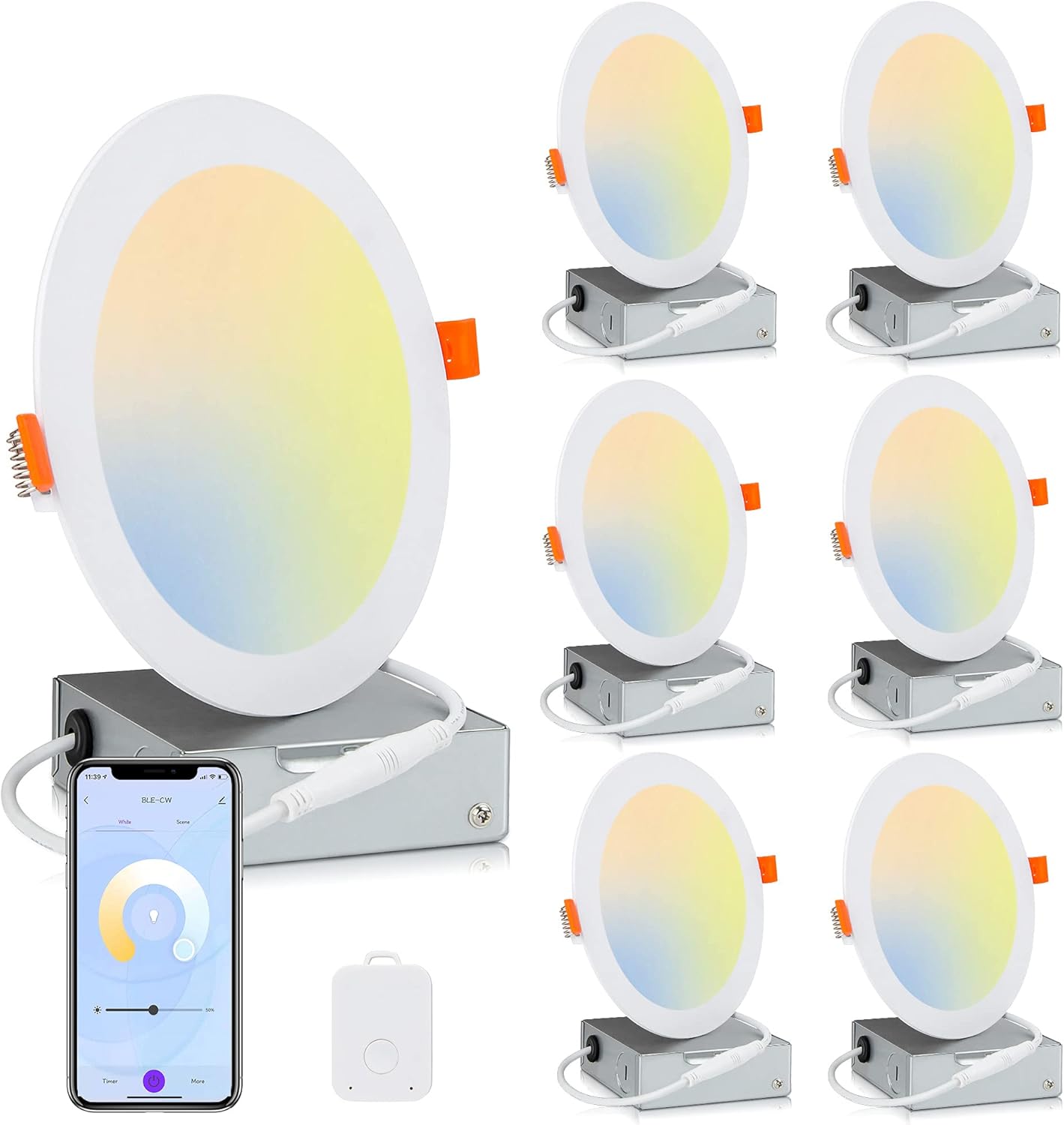 Brillihood Square Color Changing Slim LED Recessed Light, Smart Retrofit Downlights with Junction Box & Hub, ETL-Listed, 12W, 1100LM, Dimmable, 2700K-6500K, Works with Alexa & Google Assistant, 6-Pack