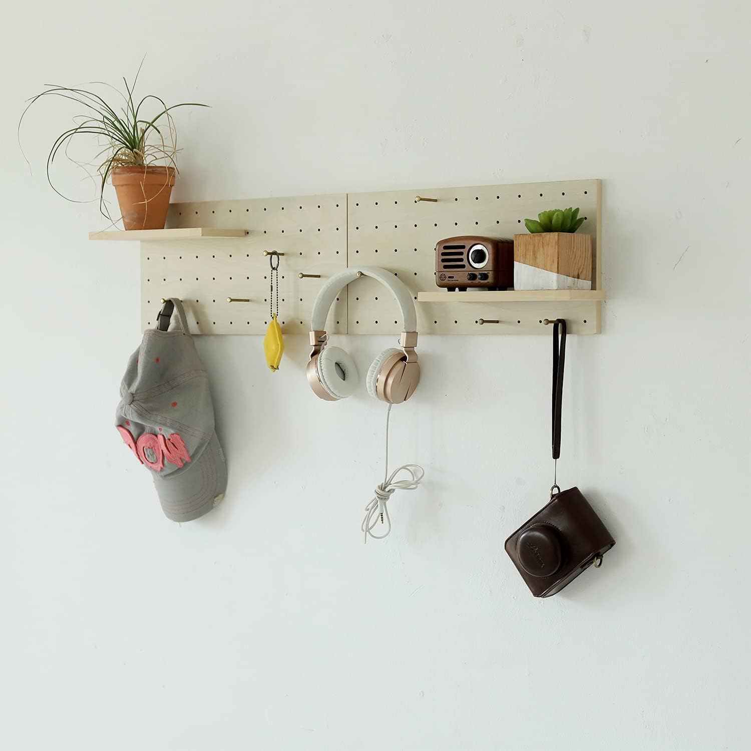 Pegboard Wooden Modular Display Organization Storage Wall Hooks Shelf for Kitchen Bar Bedroom Living Room(Comes with 1 x Shelf and 4 x Brass Hooks) pegboard 15.2in x 7.6in 2PC (Oak) Pack of 2