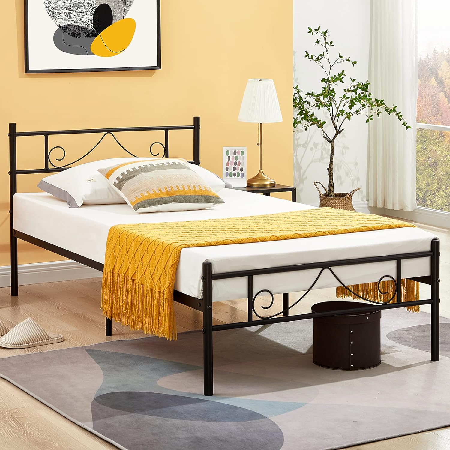 GreenForest Queen Bed Frame with Headboard, 12 Inch No Box Spring Needed Metal Bed with Storage Space, Heavy Duty Slats Mattress Foundation, Black