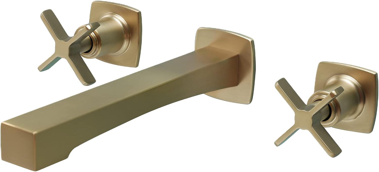 Brushed Gold Wall Mount Bathroom Faucet, Solid Brass Wall Faucet with Dual Cross Handles, 8 Inch Center Sink Faucet with 8 Inch Spout Reach, Rough in Valve Included, KOTTISAARI