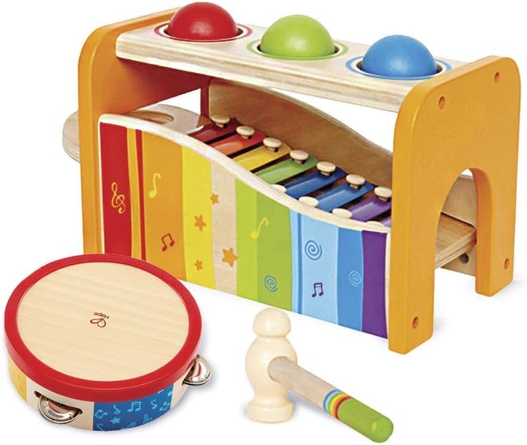 Hape Pound, Tap, & Shake! Music Set - Award Winning Wooden Pounding Bench, Baby Xylophone, and Tap Along Tambourine - Developmental, Non-Toxic, Montessori Musical Toys for Toddlers 1 - 4 Years Old Pack of 2