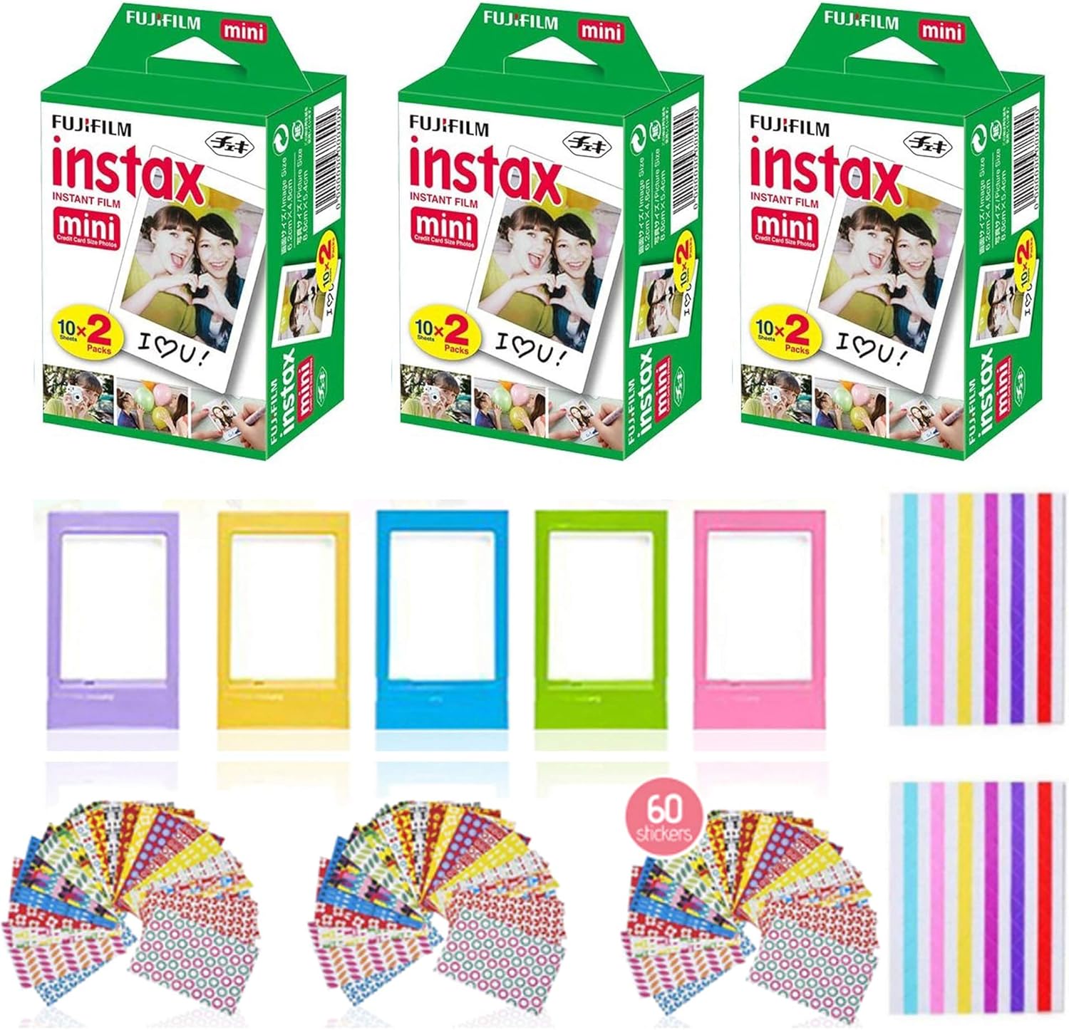 Fujifilm Instax Mini Instant Film (3 Pack, 60 Sheets) 5 Plastic Desk Frames + 60 Sticker Frames + 2 Packs Corner Stickers Pack of 2
