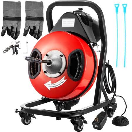 Vevor Electric Drain Auger 50FTx1/2Inch,250W Drain Cleaner Machine,Sewer Snake Machine,Fit 2''- 4''/51mm-102mm pipes, w/4 Wheels