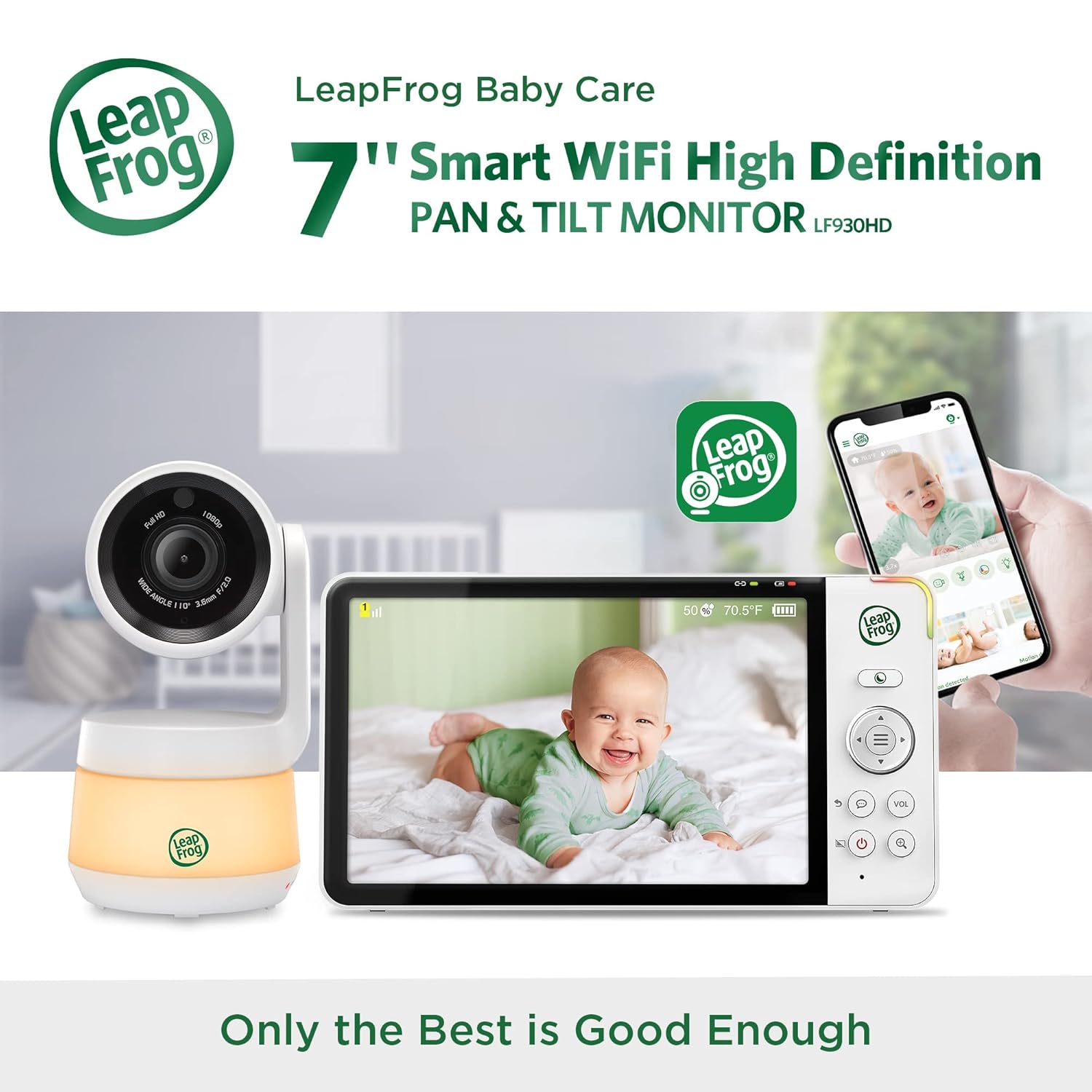 LeapFrog LF930HD 1080p Smart WiFi Remote Access Baby Monitor, 360&deg; Pan & Tilt, 8X Zoom, 7&rdquo; 720p HD Display, Color Night Light, Color Night Vision, Sleep Tips, Two-Way Intercom, Smart Sensors