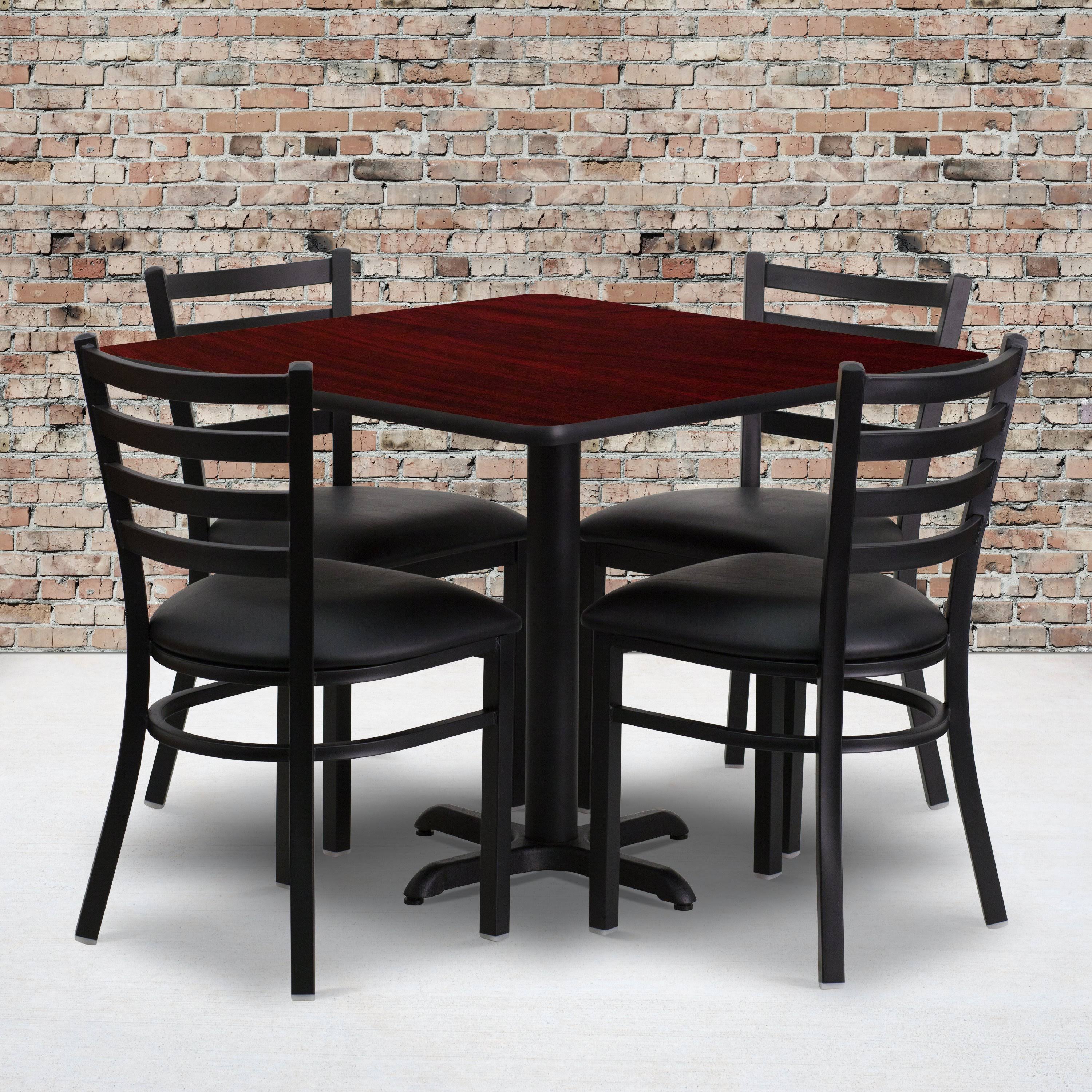 Flash Furniture 36&& Square Mahogany Laminate Table Set with 4 Ladder Back Metal Chairs - Black Vinyl Seat