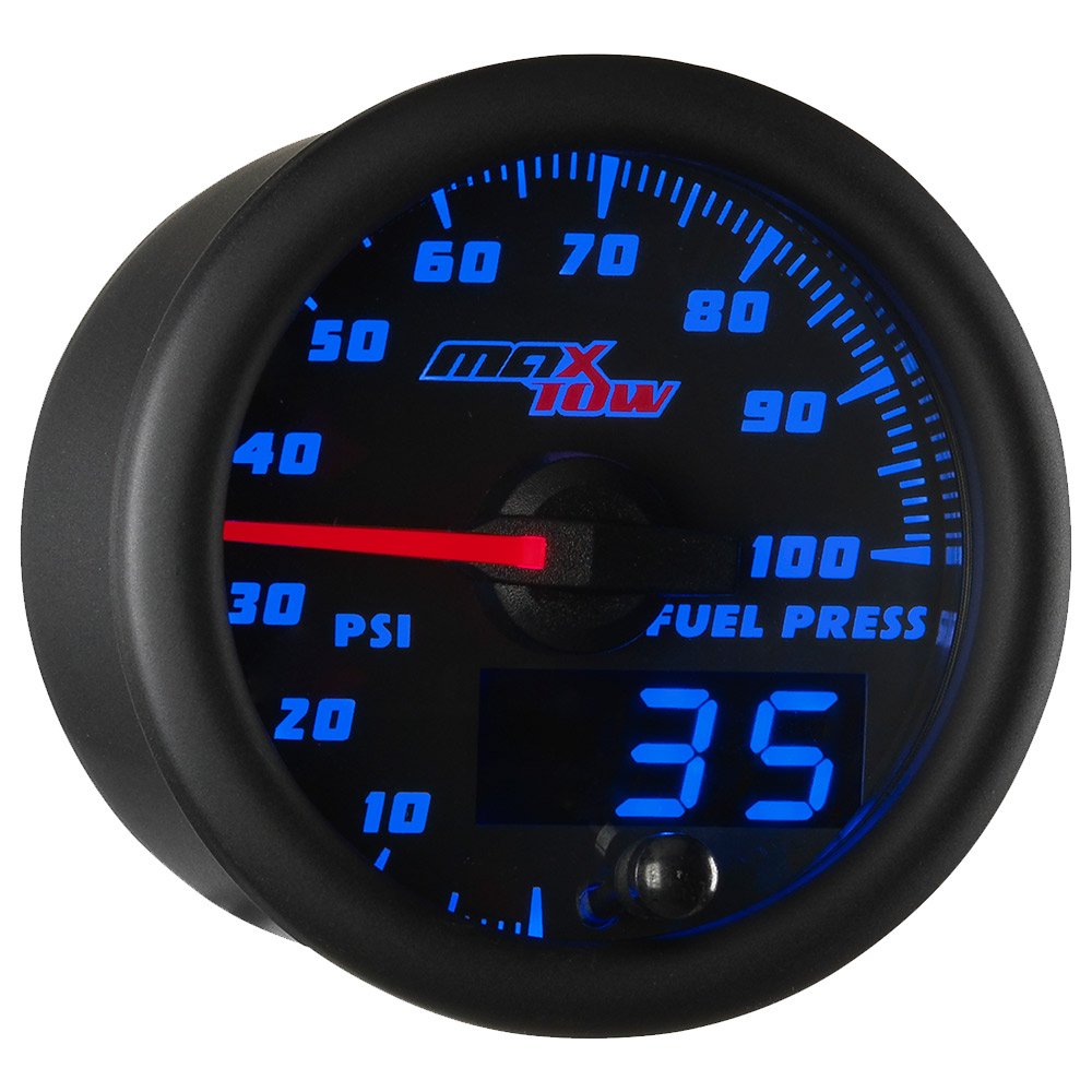 MaxTow Double Vision 100 PSI Fuel Pressure Gauge Kit - Includes Electronic Sensor - Black Gauge Face - Blue LED Illuminated Dial - Analog & Digital Readouts - for Trucks - 2-1/16