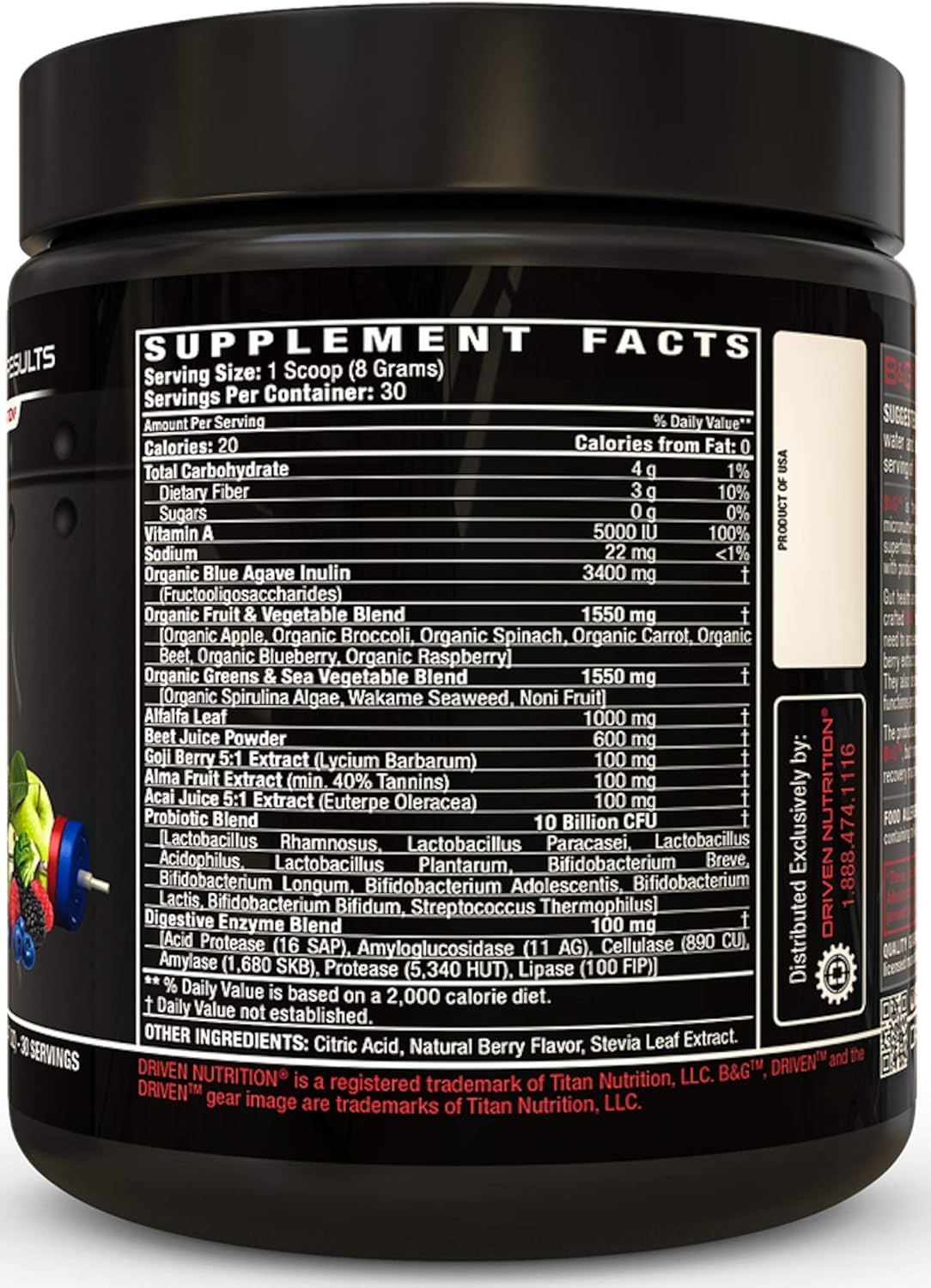 Driven B&G Berries & Greens Superfood Powder, 30 Servings - Organic Plant-Based Formula with Probiotics & Digestive Enzymes - Vegan Supplement Supports Recovery, Healthy Digestion, and Immune Function Pack of 2