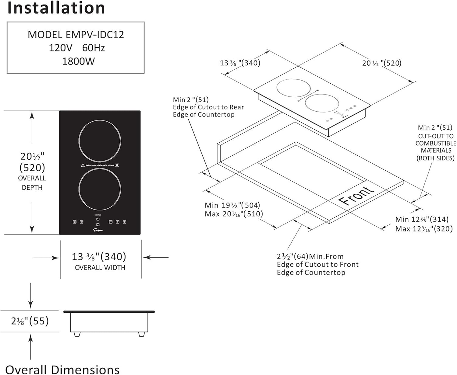 Empava Electric Stove Induction Cooktop Vertical with 2 Burners in Black Vitro Ceramic Smooth Surface Glass 120V, 12 Inch