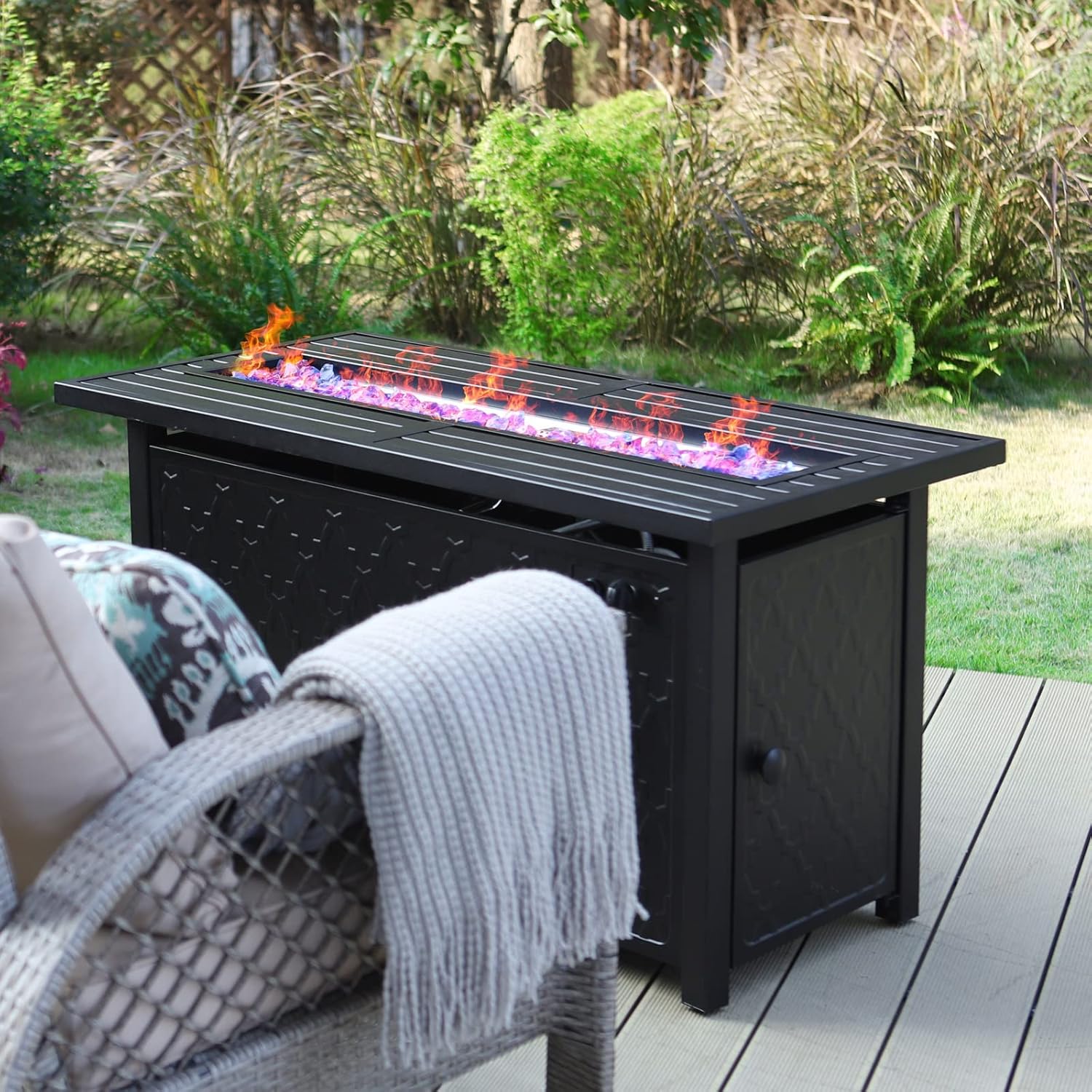 Sophia & William Propane Gas Fire Pit Table 45 Inch 50,000BTU Rectangular Outdoor Firepits for Outside Patio with Lid and Blue Fire Glass, Black