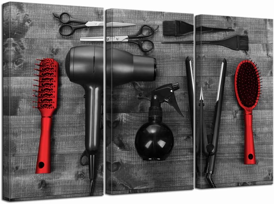 LevvArts - 3 Piece Modern Canvas Painting Barber Shop Wall Art Vintage Hair Cutting Tools on Wooden Board Picture Prints Black and Red Artwork for Home Salon Bathroom Living Room Wall Decor