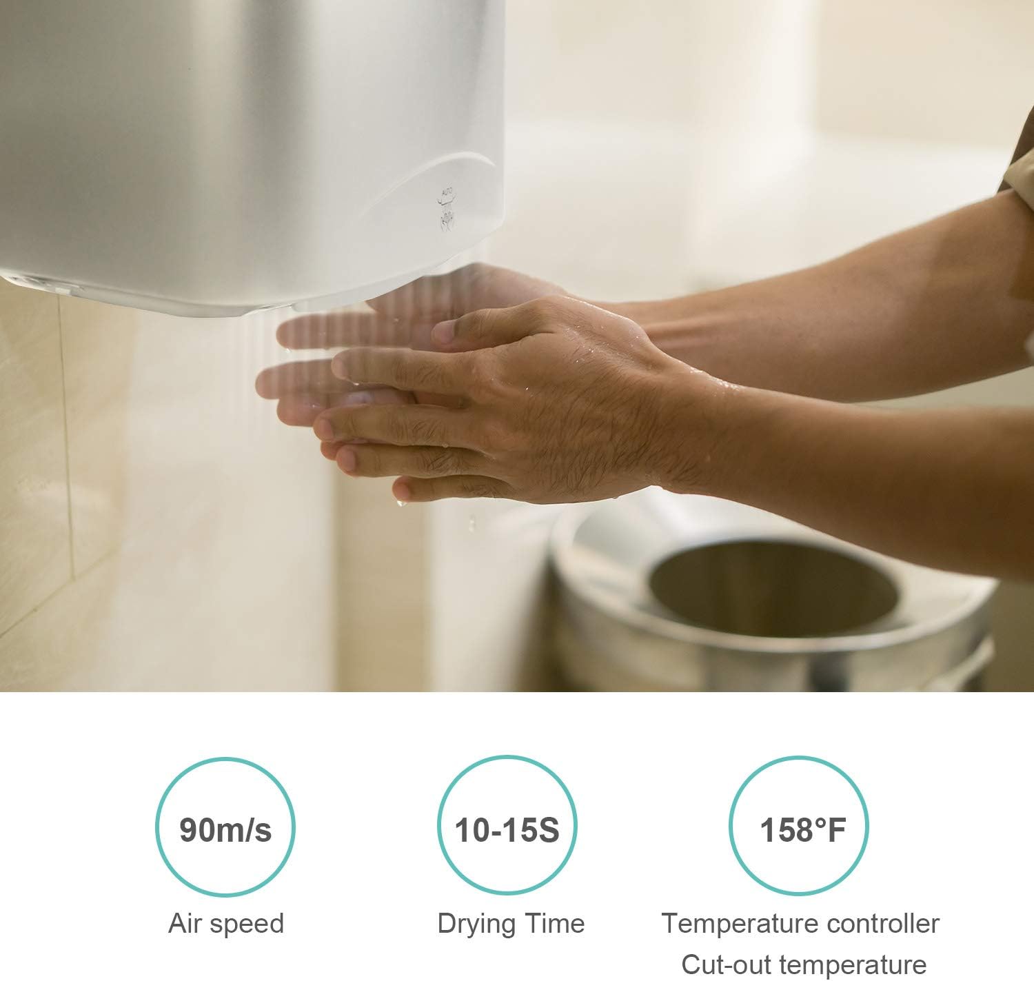 PowerPress AHD-2001-00 Super Quiet Automatic Electric Hand Dryer Commercial High Speed 95m/s, Instant Heat & Dry, Brushed Silver Pack of 2