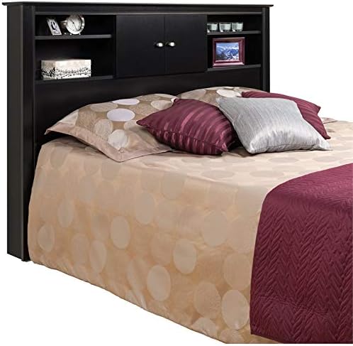 Pemberly Row Full Queen Wood Bookcase Headboard and Cabinet Storage in Black Finish