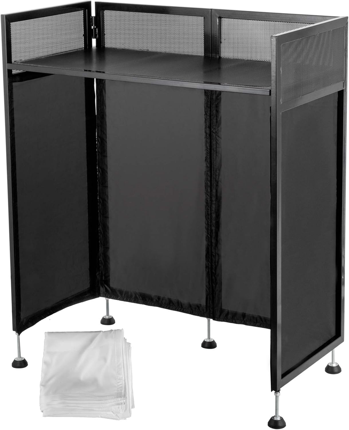 Happybuy 20x40x45 Inches DJ Facade Table Station, DJ Booth Flat Table Top 20x40 Inch, Adjustable DJ Event Facade with White & Black Scrim, Folding DJ Booth Metal Frame, Foldable Cover Screen