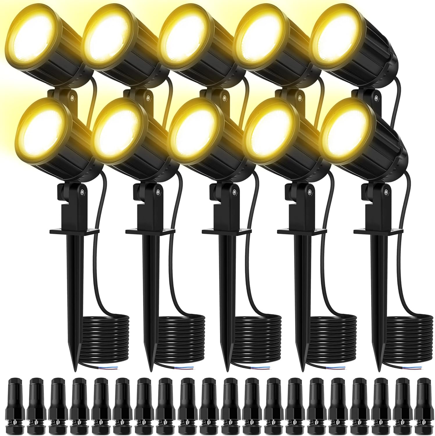 MEIHUA 10 Pack LED Landscape Lights with Connectors, 12V 24V IP66 Waterproof Low Voltage Landscape Lights, 3000K Warm White Light Outdoor Spotlights with Spike Stand for Garden Pathway Yard