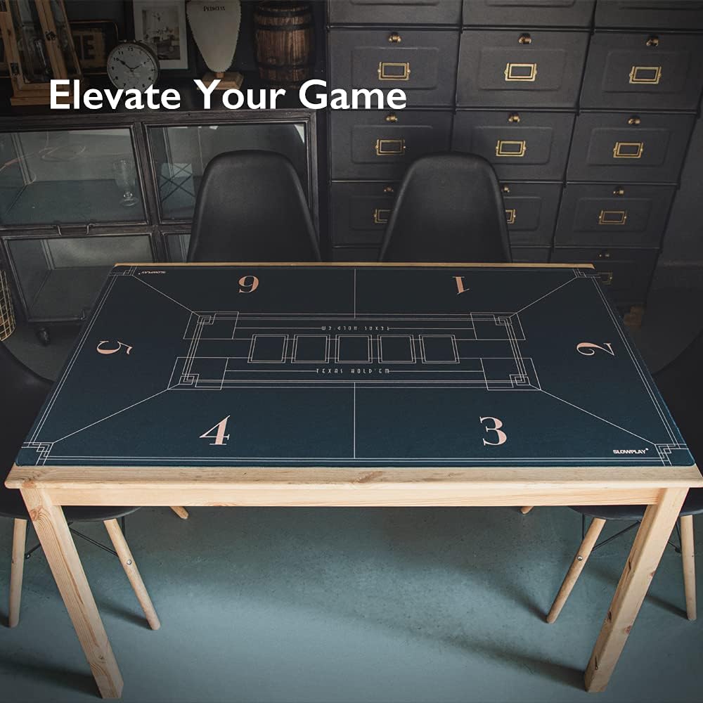 SLOWPLAY 70 x 35 Inch Texas Hold'em Poker Mat | Portable Poker Table Top with Art Deco Layout Print, Hemmed Edges,Green Smooth Surface, and Carrying Tube for Card Games Everywhere