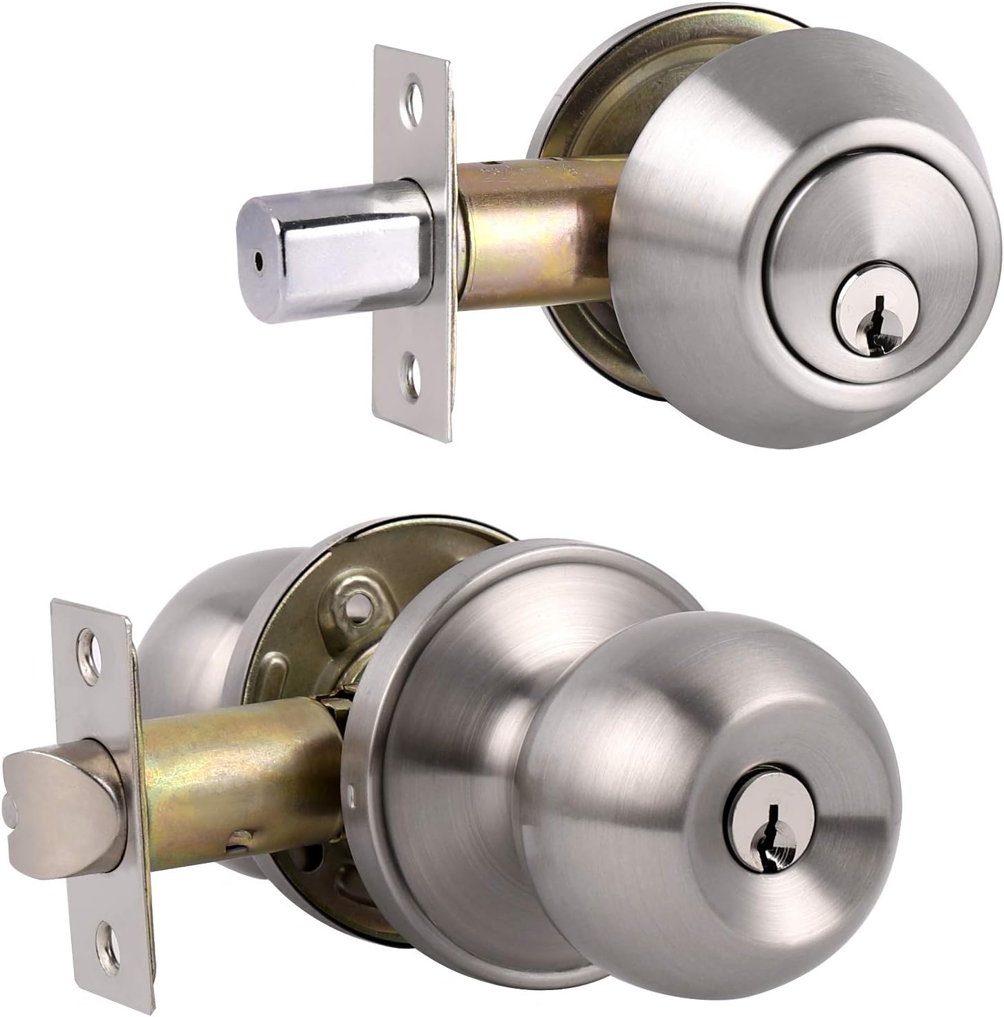 Probrico Keyed Alike Entry Knob and Deadbolt Set Satin Nickel, Single Cylinder Handleset Combo Pack(for Entrance Exterior Gate and Front Door), 3 Sets