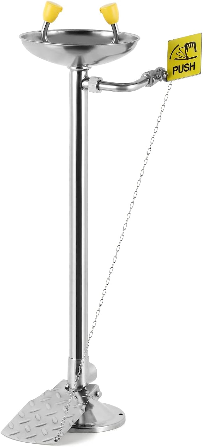 CGOLDENWALL Eye Wash Station Pedestal Mounted Eyewash Station Emergency Eye Face Washing Station, 304 Stainless Steel Bowl+Pedal, NPT Thread