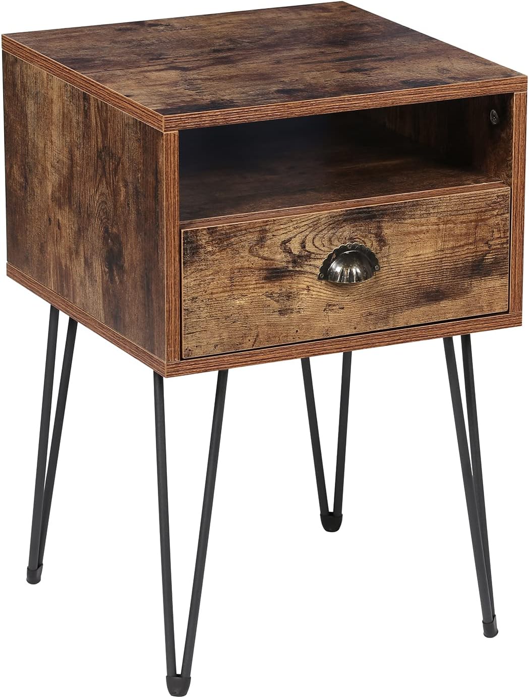 VECELO Set of 2 Nightstand, Industrial End Side Table with Drawer and Shelf, Night Stand for Bedroom, Living Room and Small Space, Stable Metal Frame, Brown