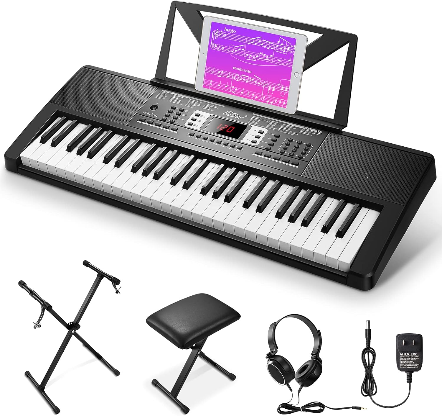 Eastar 54 Key Piano Keyboard, Keyboard Piano for Beginner/Professional, Portable Electronic Keyboard with Piano Stand, Bench, Music Stand, Headphone, Power Adapter and Note Stickers, Black, Ek-54A