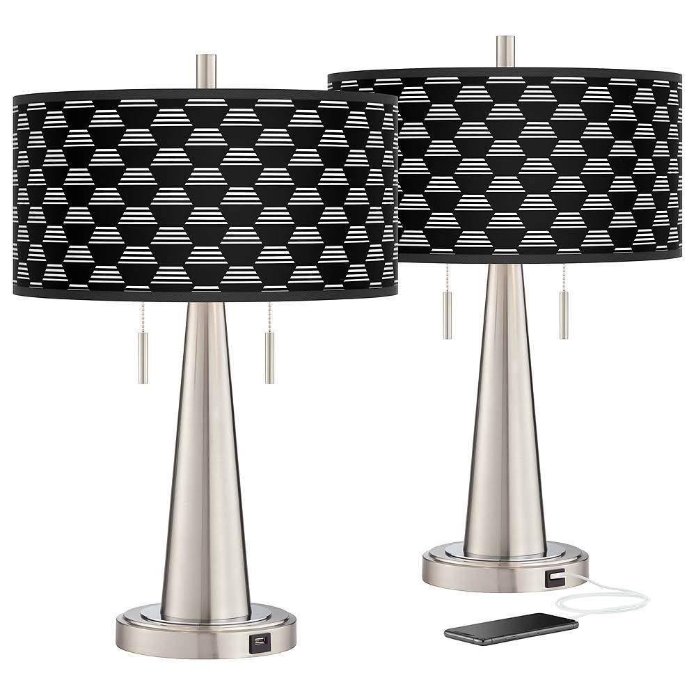 Giclee Glow Hexahedron Vicki Brushed Nickel USB Table Lamps Set of 2, Black