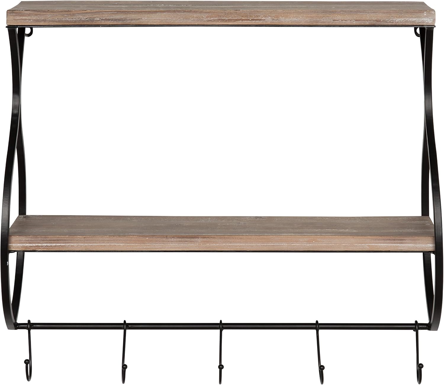 Kate and Laurel Spurling Wood and Metal Floating Wall Shelf with Hooks, Rustic/Black