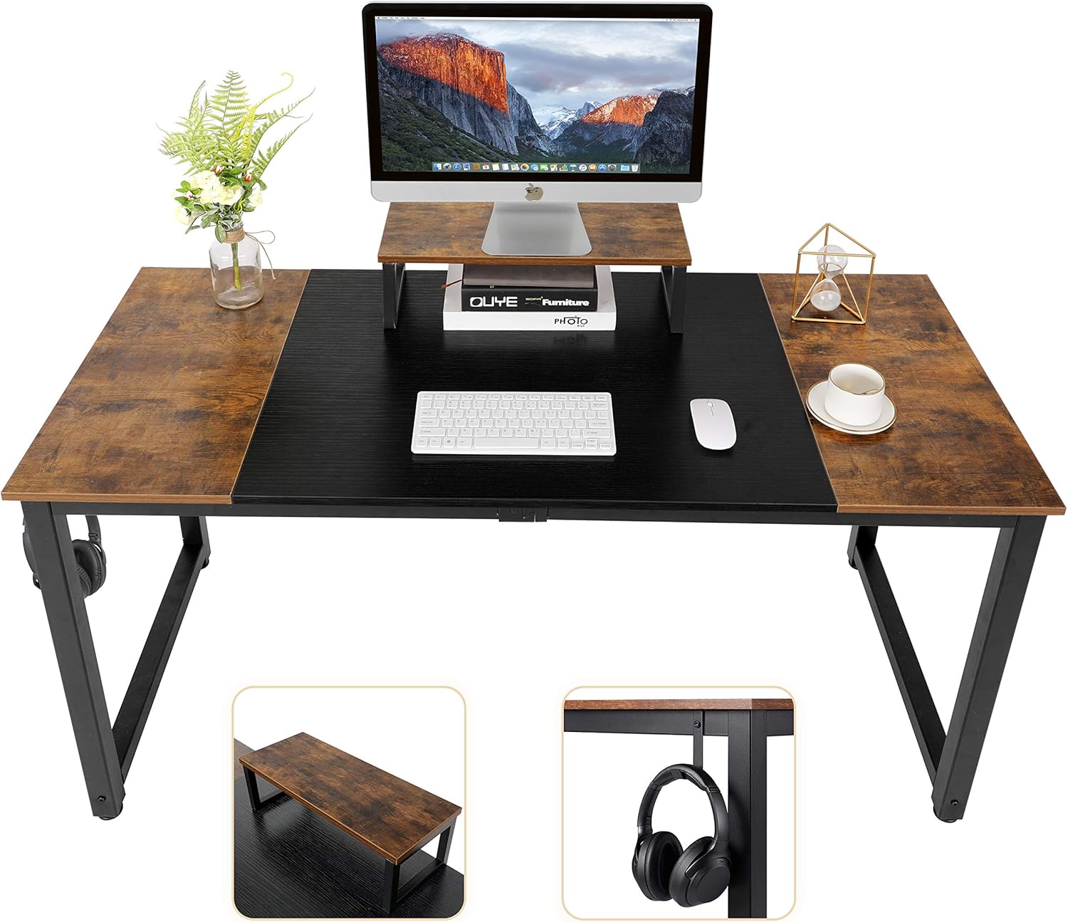 AuAg Computer Desk 55 inch, Home Office Small Table with Splice Board, Study PC Writing Table (Black + Rustic Brown) Pack of 2