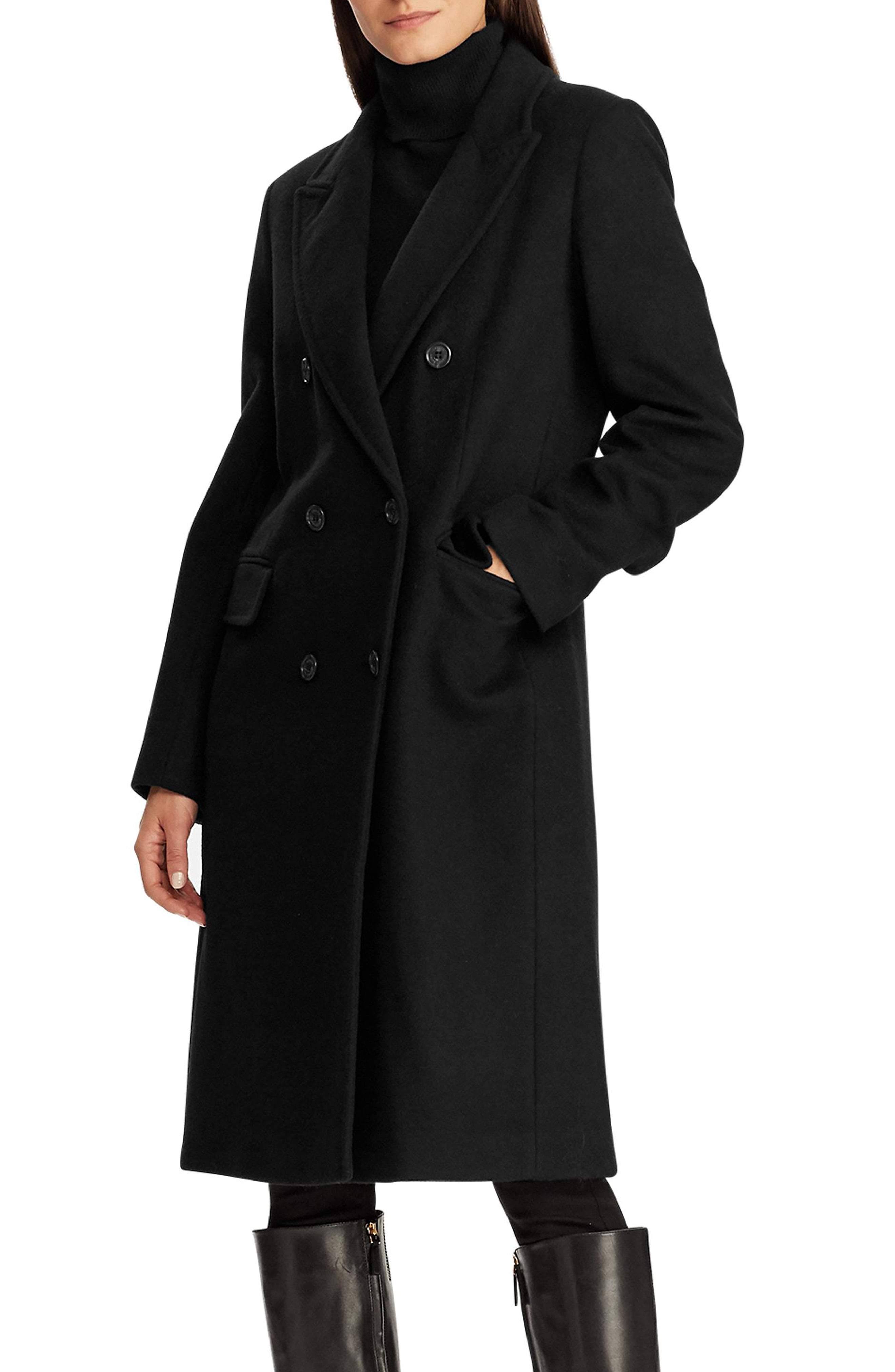 Lauren Ralph Lauren Double Breasted Wool Blend Coat - Black - 12