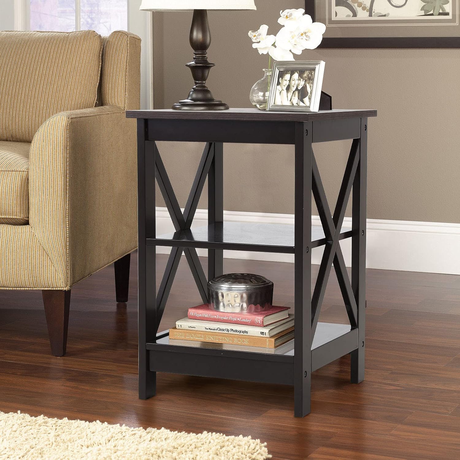 MAISON ARTS 3-Tiers Farmhouse End Tables Set of 2 with Storage Rustic Nightstands Modern Side Tables for Living Room Bedroom, Wood Look Mid Century Accent Furniture, Easy Assembly, Dark Brown