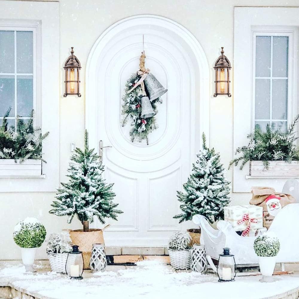 Rustic Outdoor Wall Light, Golden Bronze Exterior Wall Sconces Fixture with Amber Glass Shade, Industrial Lantern Porch Lighting Waterproof Retro Farmhouse Lamp for Indoor Bedroom Living Room Pack-2