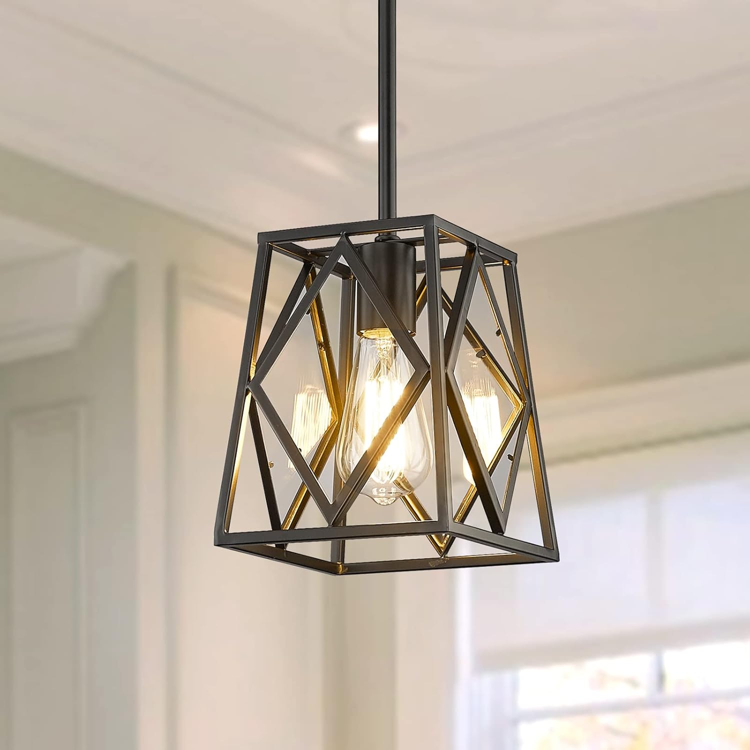 CALDION Black Pendant Light, Farmhouse Cage Pendant Lighting for Kitchen Island with Metal and Clear Glass, Adjustable Pendant Light Fixture for Kitchen Island Dining Room, 6868PL-BK