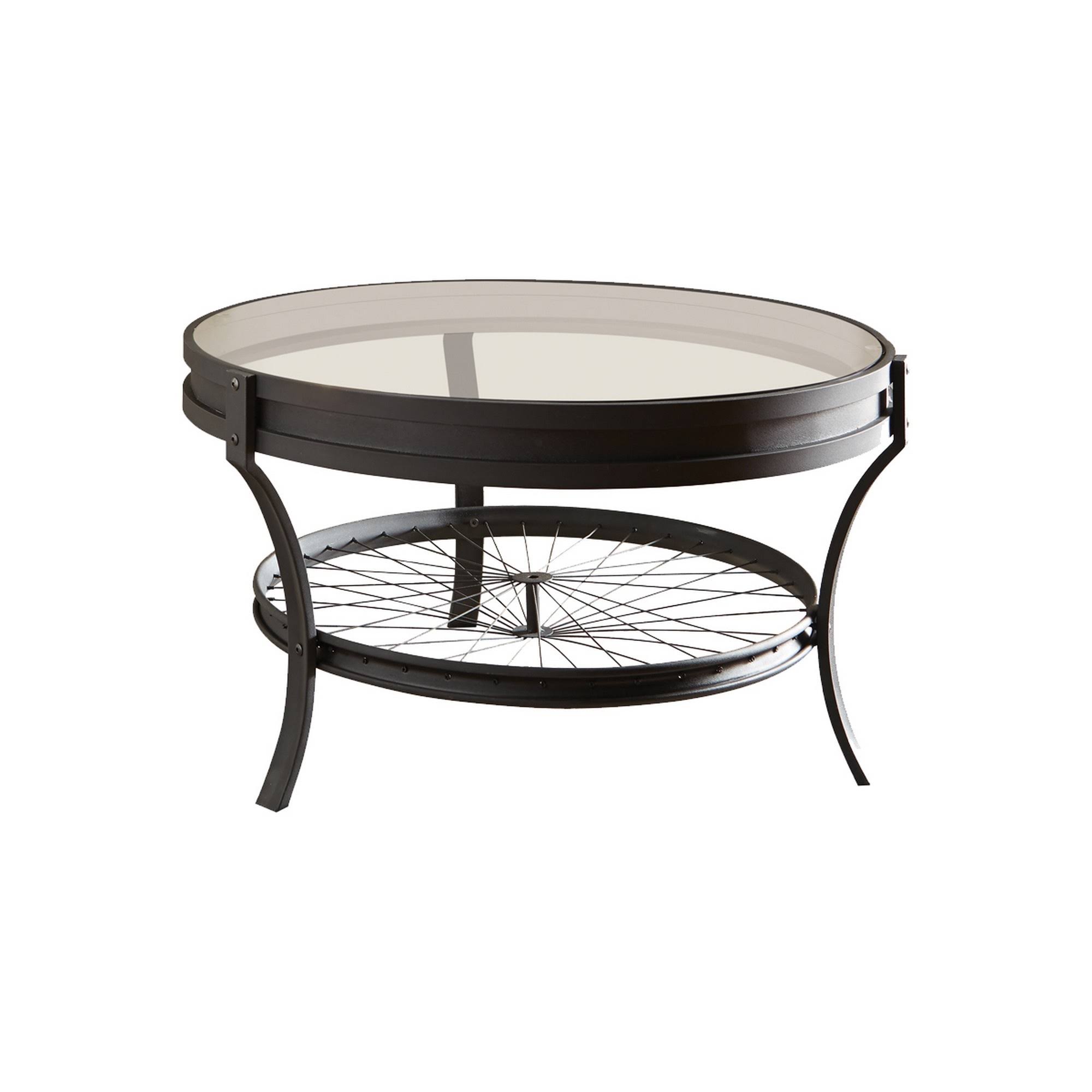 Benjara Glass Top Metal Coffee Table with Bike Spokes Design Bottom,Black and Clear