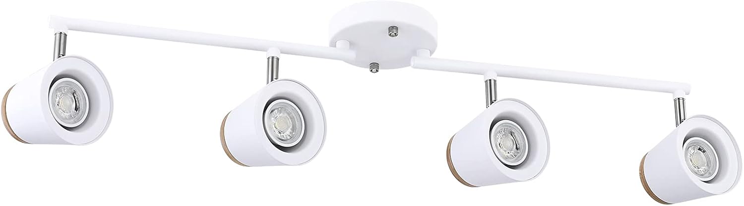 White 4-Light Track Lighting Kit, Flexibly Rotable Light Heads, GU10 Bulb with Metal and Wood Shade for Kitchen, Living Room, Bedroom, Bulb Not Included
